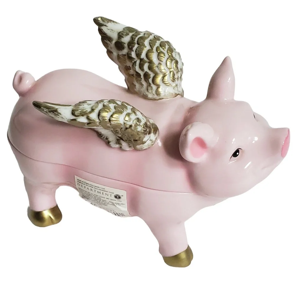 Department Dept 56 When Pigs Fly Flying Pink Pig Ceramic Trinket Box Vintage